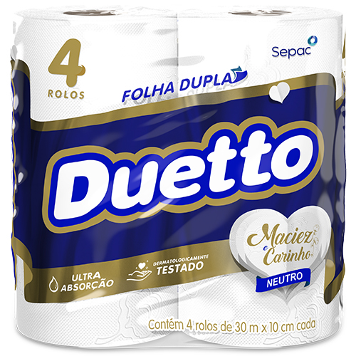 PAPEL HIGIENICO FOLHA DUPLA DUETTO NEUTRO 30M - FARDO COM 16X4 UNIDADES