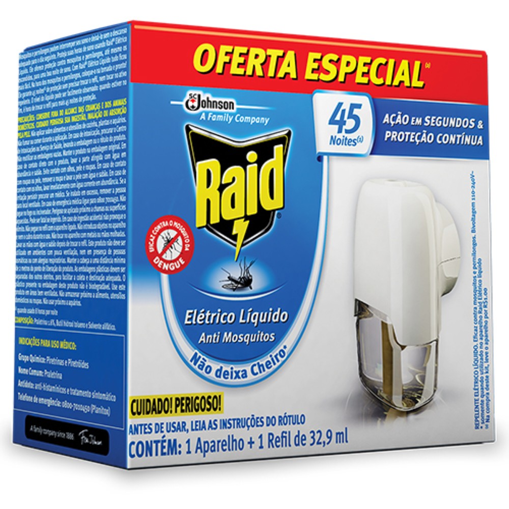 APARELHO RAID ELETRICO LIQUIDO+REFIL 45 NOITES 32,9ML 