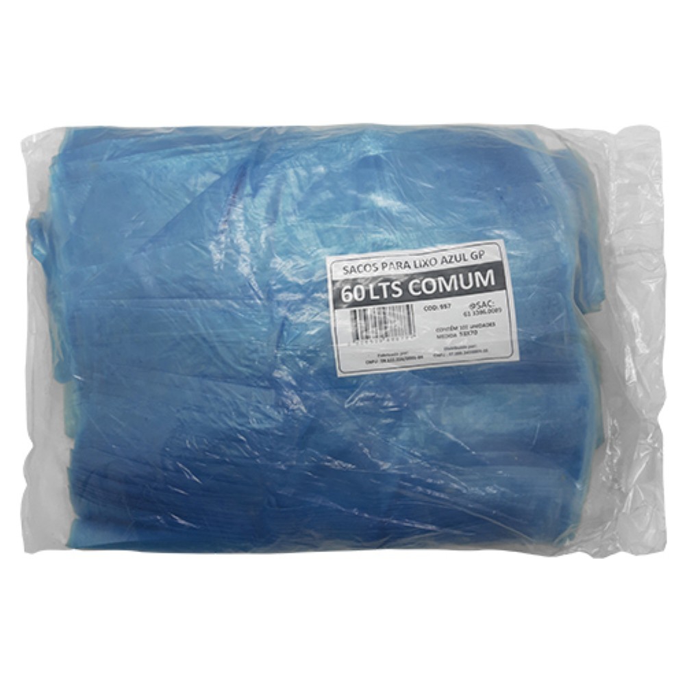 SACO AZUL 60 LITROS PARA LIXO GOIAS PLASTICOS 100 UNIDADES