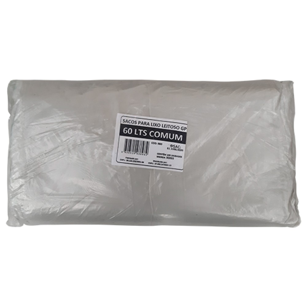SACO BRANCO 60 LITROS PARA LIXO GOIAS PLASTICOS 100 UNIDADES