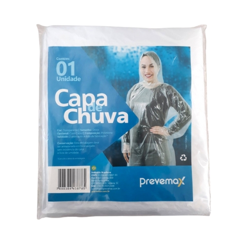 CAPA DE CHUVA DESCARTAVEL TRANSPARENTE COM CAPUZ PREVEMAX