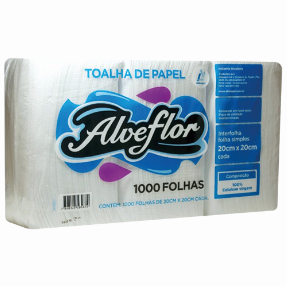 TOALHA PAPEL 2 DOBRAS VIRGEM 1000 FOLHAS 20X20 ALVEFLOR