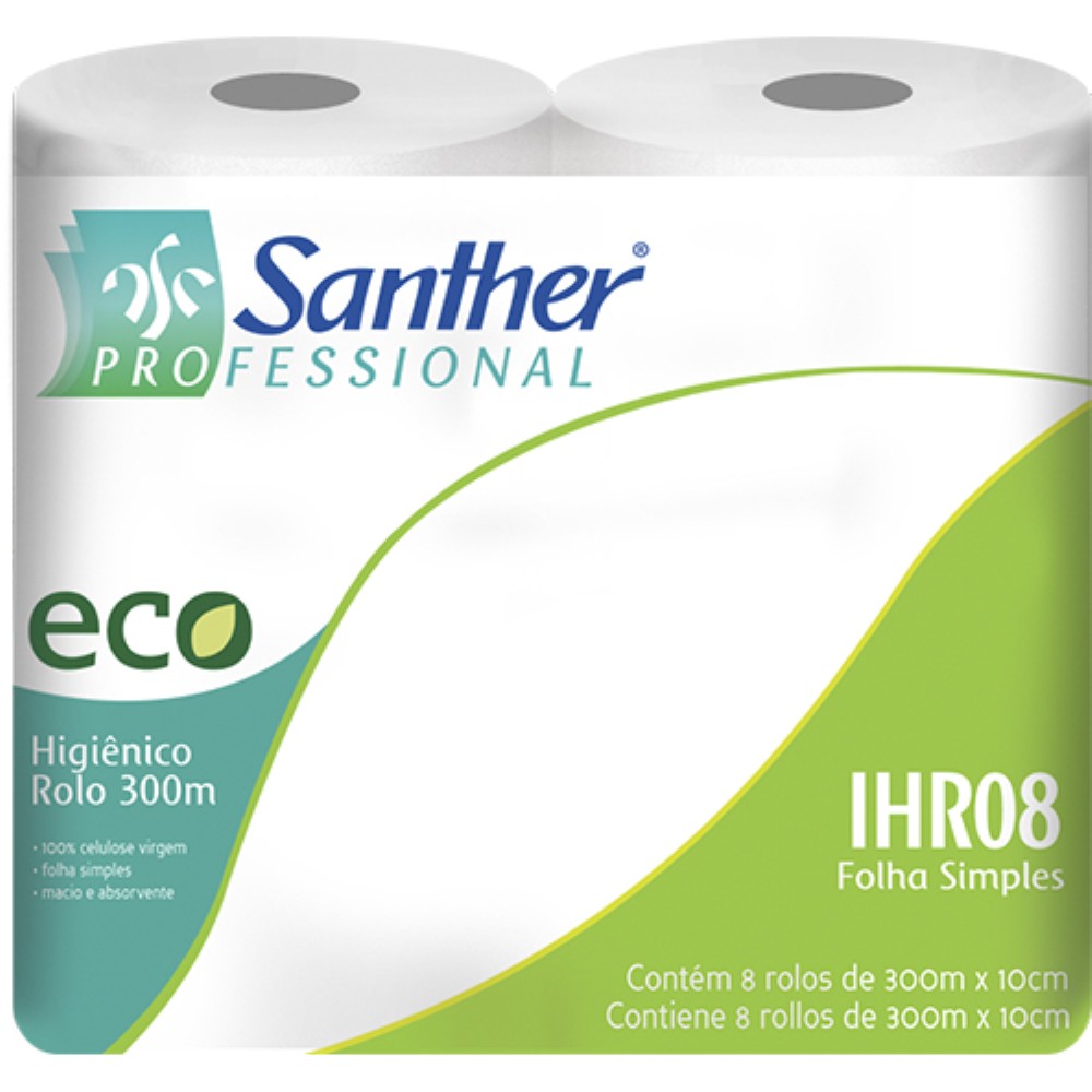PAPEL HIGIENICO INSTITUCIONAL FOLHA SIMPLES SANTHER IHR08 8X300M