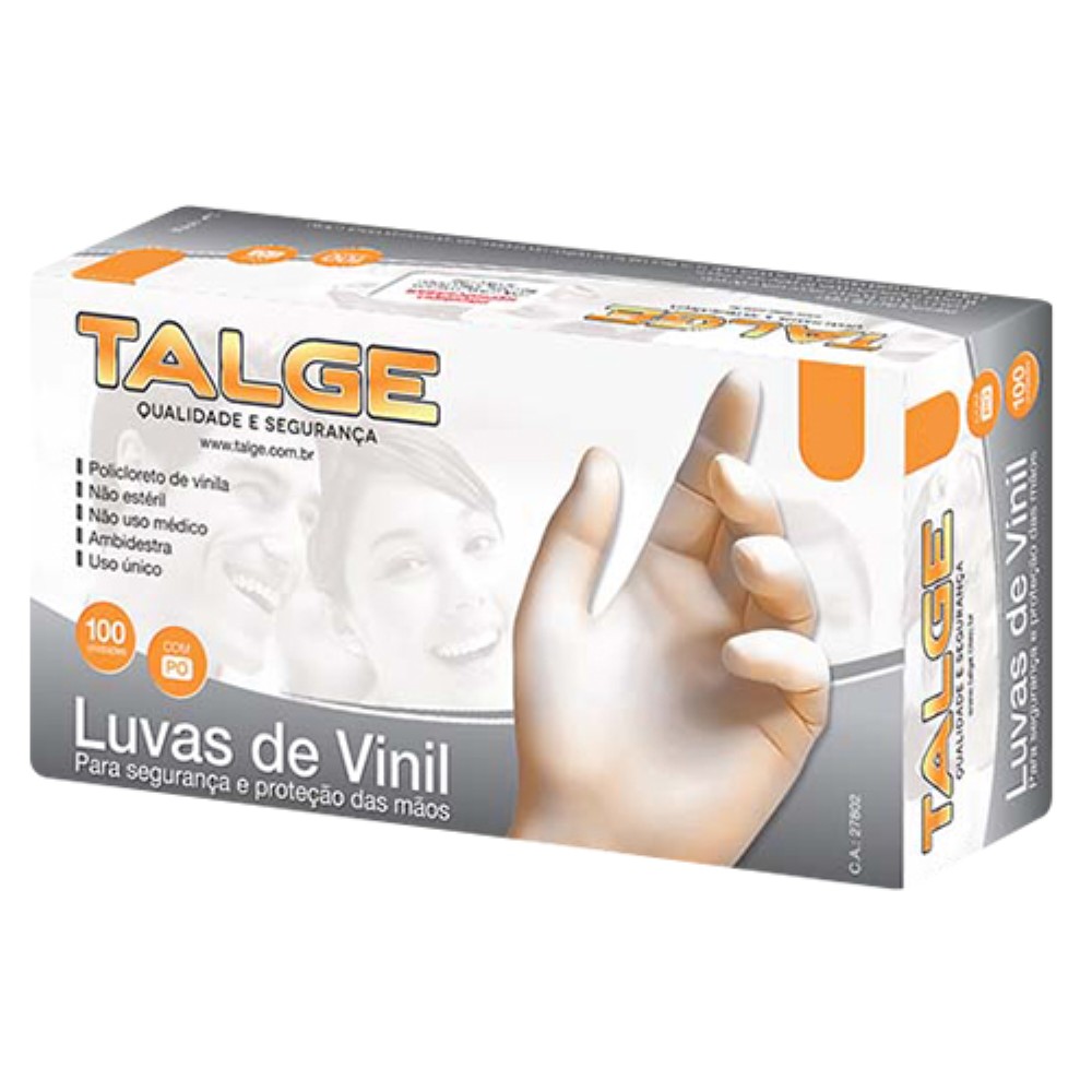 LUVA VINIL TAMANHO P COM 100 UNIDADES COM PO TALGE