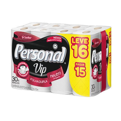 PAPEL HIGIENICO FOLHA DUPLA VIP PERSONAL NEUTRO FD 4X16RLS L16P15 30M