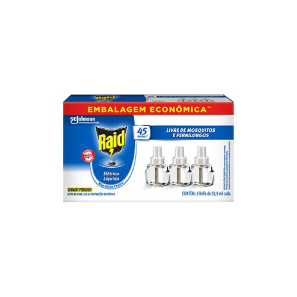REFIL INSETICIDA ELETRICO LIQUIDO 45 NOITES 3 UNIDADES DE 32,9ML RAID