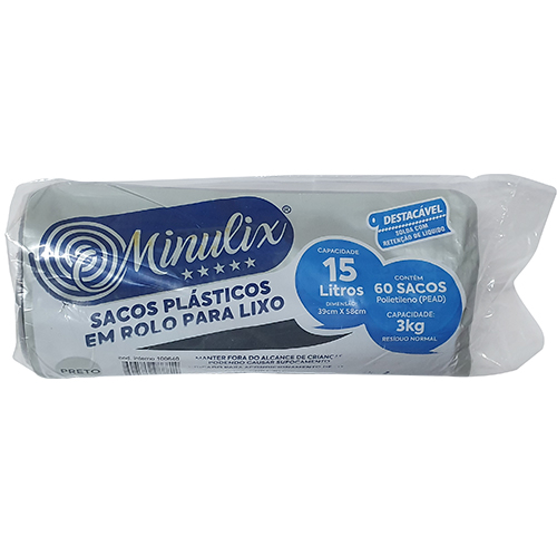 SACO PRETO 15L 60 UNIDADES PARA LIXO ROLO MINULIX