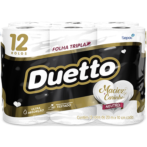 PAPEL HIGIENICO FOLHA TRIPLA DUETO NEUTRO 12 ROLOS COM 20 METROS 