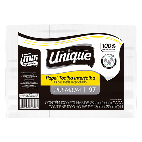 TOALHA PAPEL 2 DOBRAS VIRGEM 1000F FOLHAS 20X23 UNIQUE PREMIUM 30GRMS