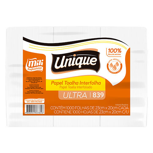 TOALHA PAPEL 2 DOBRAS VIRGEM 1000F FOLHAS 20X23 UNIQUE ULTRA 24GRMS