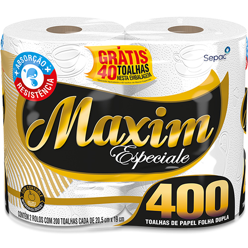 TOALHA PAPEL BRANCA 1X2 ROLOS 400 FOLHAS MAXIM ESPECIALE    