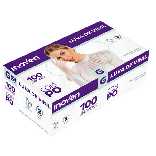 LUVA VINIL TAMANHO G COM 100 UNIDADES COM PO INOVEN 