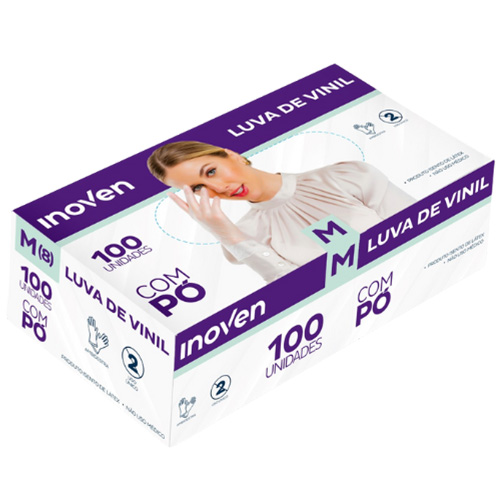 LUVA VINIL TAMANHO M COM 100 UNIDADES COM PO INOVEN 