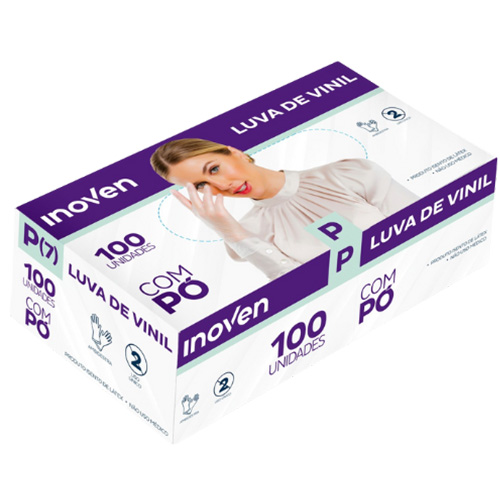 LUVA VINIL TAMANHO P COM 100 UNIDADES COM PO INOVEN 