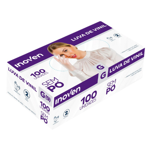 LUVA VINIL TAMANHO G COM 100 UNIDADES SEM PO INOVEN 