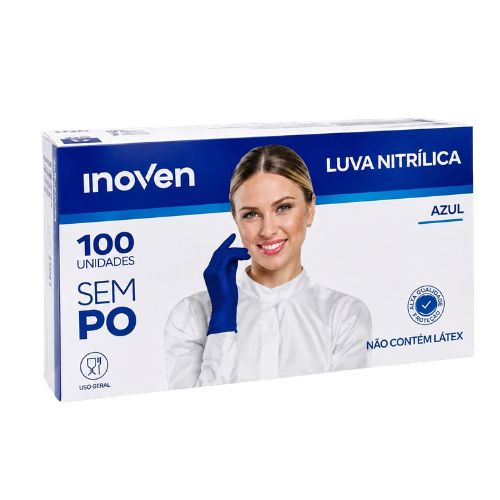 LUVA NITRILICA AZUL COBALT TAMANHO M COM 100 UNIDADES INOVEN