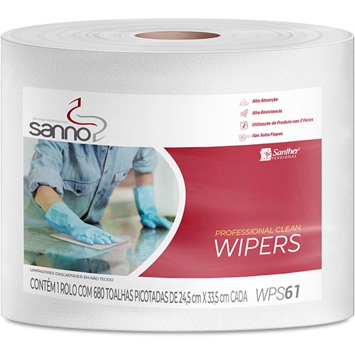 WIPERS PROFESSIONAL CLEAN SANNO ROLO COM 680 TOALHAS 24,5 CM X 33,5 CM SANTHER 