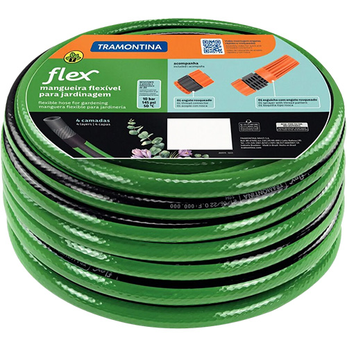 MANGUEIRA FLEX TRAMONTINA VERDE EM PVC 3 CAMADAS 30 M COM ENGATE ROSQUEADO E ESGUICHO