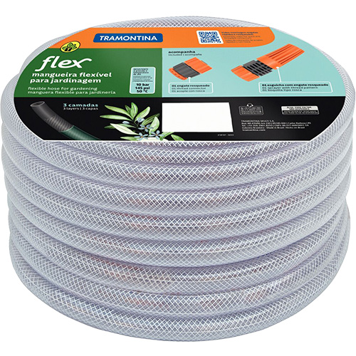 MANGUEIRA FLEX TRAMONTINA VERDE EM PVC 3 CAMADAS 15 M COM ENGATE ROSQUEADO, ESGUICHO E SUPORTE MURAL
