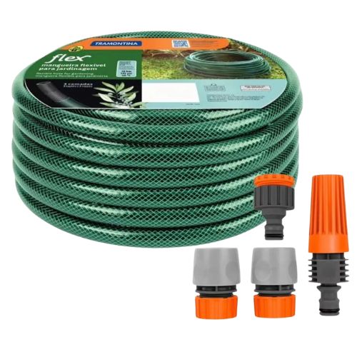 MANGUEIRA FLEX TRAMONTINA VERDE EM PVC 3 CAMADAS 30 M COM ENGATE ROSQUEADO E ESGUICHO