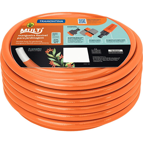 MANGUEIRA FLEX TRAMONTINA VERDE EM PVC 3 CAMADAS 30 M COM ENGATE ROSQUEADO, ESGUICHO E SUPORTE MURAL