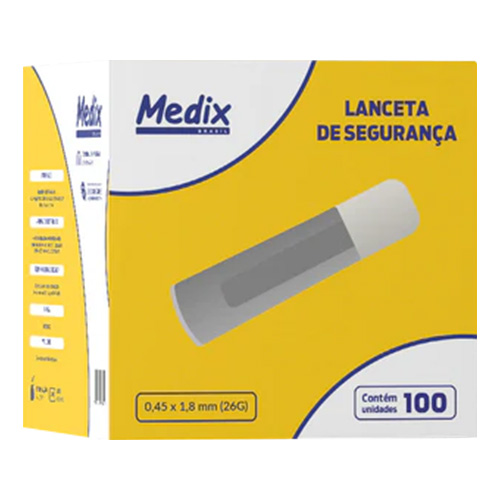 LANCETA DE SEGURANCA DESCARTAVEL AMARELA 1,8MM COM 100 UNIDADES MEDIX