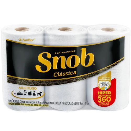 TOALHA DE PAPEL BRANCA PACOTE COM 3 ROLOS 360 FOLHAS SNOB