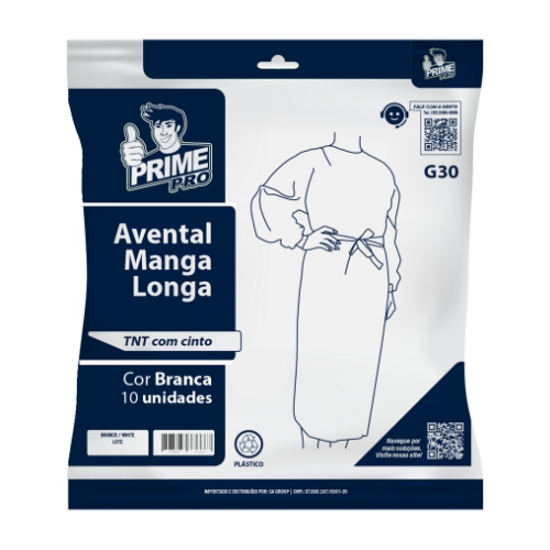 AVENTAL TNT MANGA LONGA COM CINTO G30 10 UNIDADES PRIMEPRO