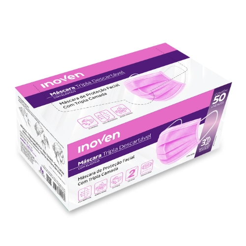 MASCARA TRIPLA TNT ANVISA 50 UNIDADES ROSA INOVEN 