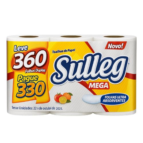 TOALHA DE PAPEL BRANCA PACOTE COM 3 ROLOS 360 FOLHAS SULLEG