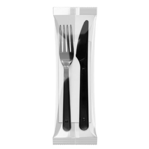 CONJUNTO GARFO/FACA/GUARDANAPO PRETO CX 150 UNIDADES PLASTFOOD