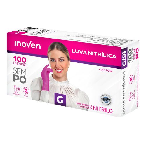 LUVA NITRILICA ROSA TAMANHO M COM 100 UNIDADES INOVEN