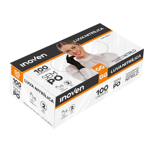 LUVA NITRILICA PRETA TAMANHO GG COM 100 UNIDADES INOVEN