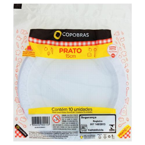 PRATO PLASTICO 15CM FUNDO BRANCO 50X10UN COPOBRAS 