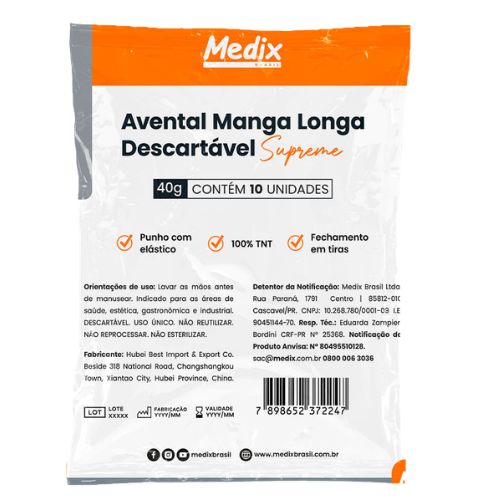 AVENTAL TNT MANGA LONGA COM TIRAS 40G 10 UNIDADES MEDIX