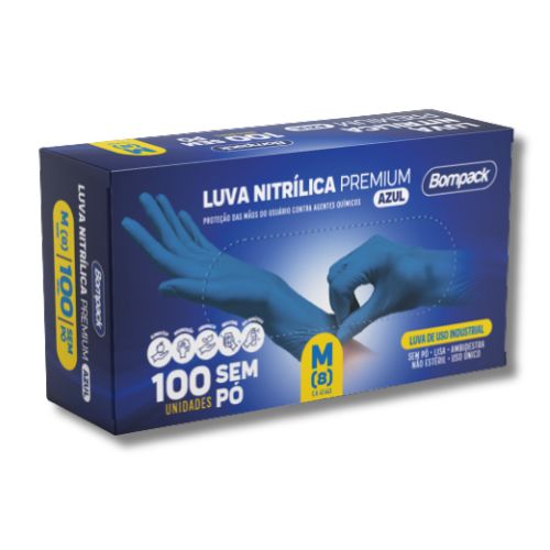 LUVA NITRILICA AZUL COMFORT TAM M COM 100 UNIDADES BOMPACK 