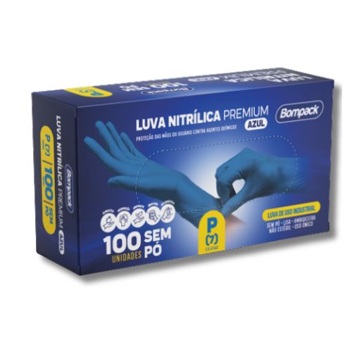 LUVA NITRILICA AZUL COMFORT TAM P COM 100 UNIDADES BOMPACK 