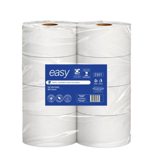 PAPEL HIGIENICO INSTITUCIONAL FOLHA SIMPLES 100% CELULOSE EASY FARDO COM 8 ROLOS 