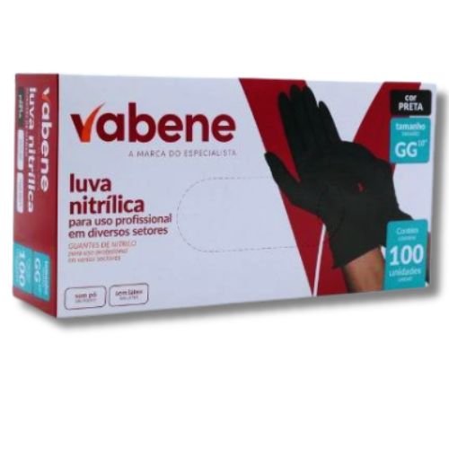 LUVA NITRILICA PRETA TAMANHO GG COM 100 UNIDADES VABENE 