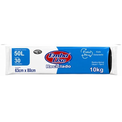 SACO PRETO 50 LITROS RECICLADO 1X30 UNIDADE PARA LIXO ROLO EMBALIXO