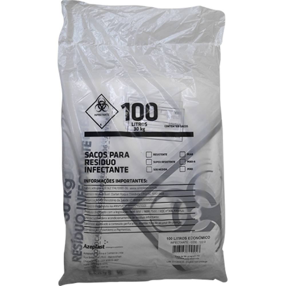 SACO BRANCO HOSPITAL 110L SUPER REFORCADO AZEPLAST 100 UNIDADES